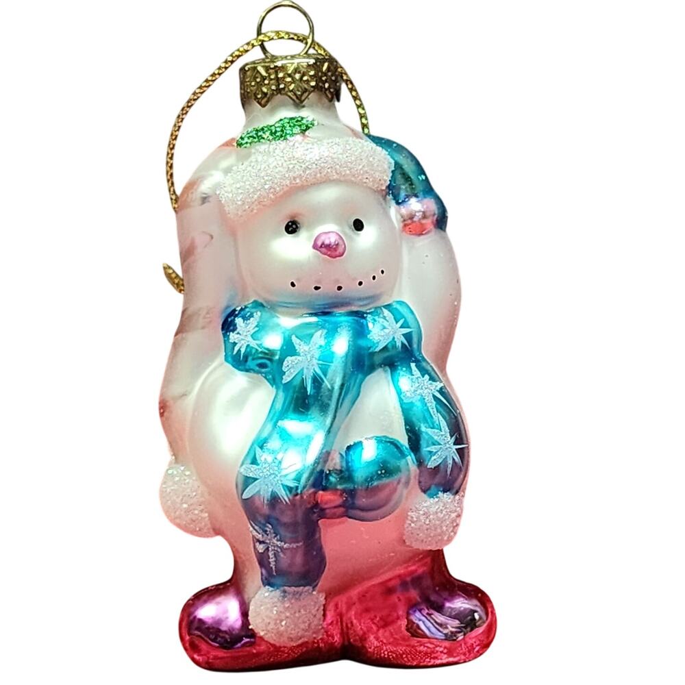 Blown Glass Snowman Wearing Blue Scarf Hat Boots Hand Painted Christmas Ornament